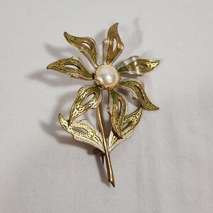 Vintage Gold And Silver Floral Brooch With Faux Pearl